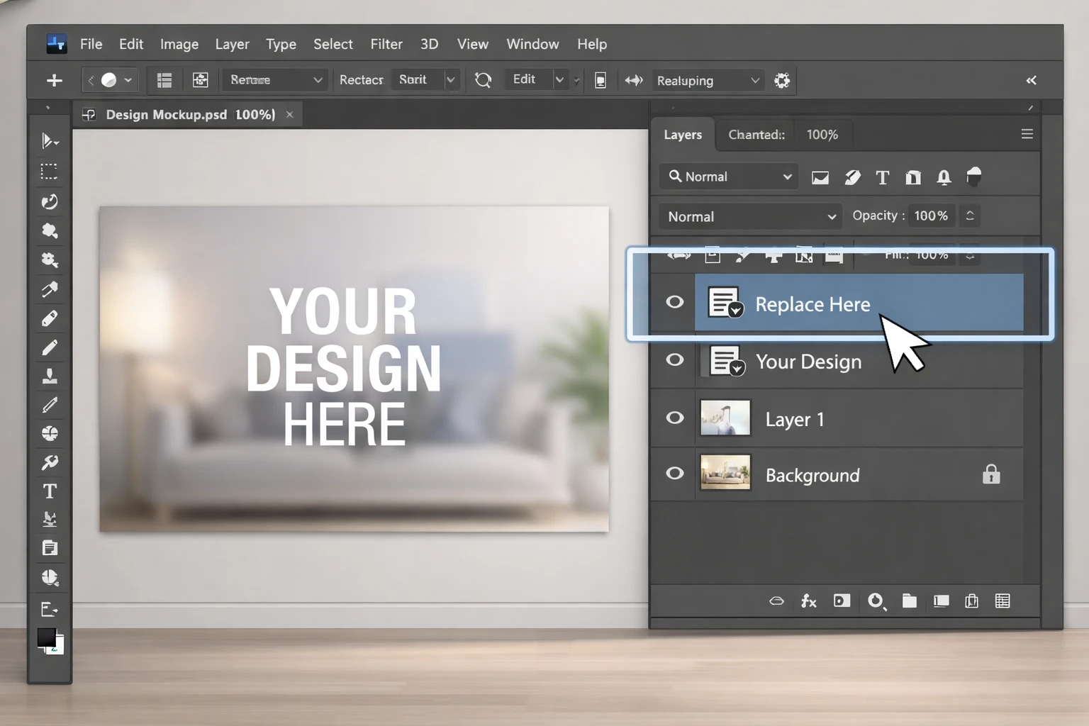 مراحل استفاده از Smart Object در فایل PSD برای قرار دادن طراحی خود داخل یک فایل PSD که از Smart Object استفاده میکند، کافی است مراحل زیر را دنبال کنید. 1. باز کردن فایل PSD در فتوشاپ در ابتدا فایل PSD مورد نظر را در نرمافزار Photoshop باز کنید. پس از باز شدن فایل، در پنل Layers میتوانید تمام لایههای موجود در فایل را مشاهده کنید. در بسیاری از فایلها، لایهای که باید ویرایش شود معمولاً با نامهایی مانند زیر مشخص شده است: Replace Here Your Design Edit Here Place Design این لایهها معمولاً آیکون Smart Object دارند.